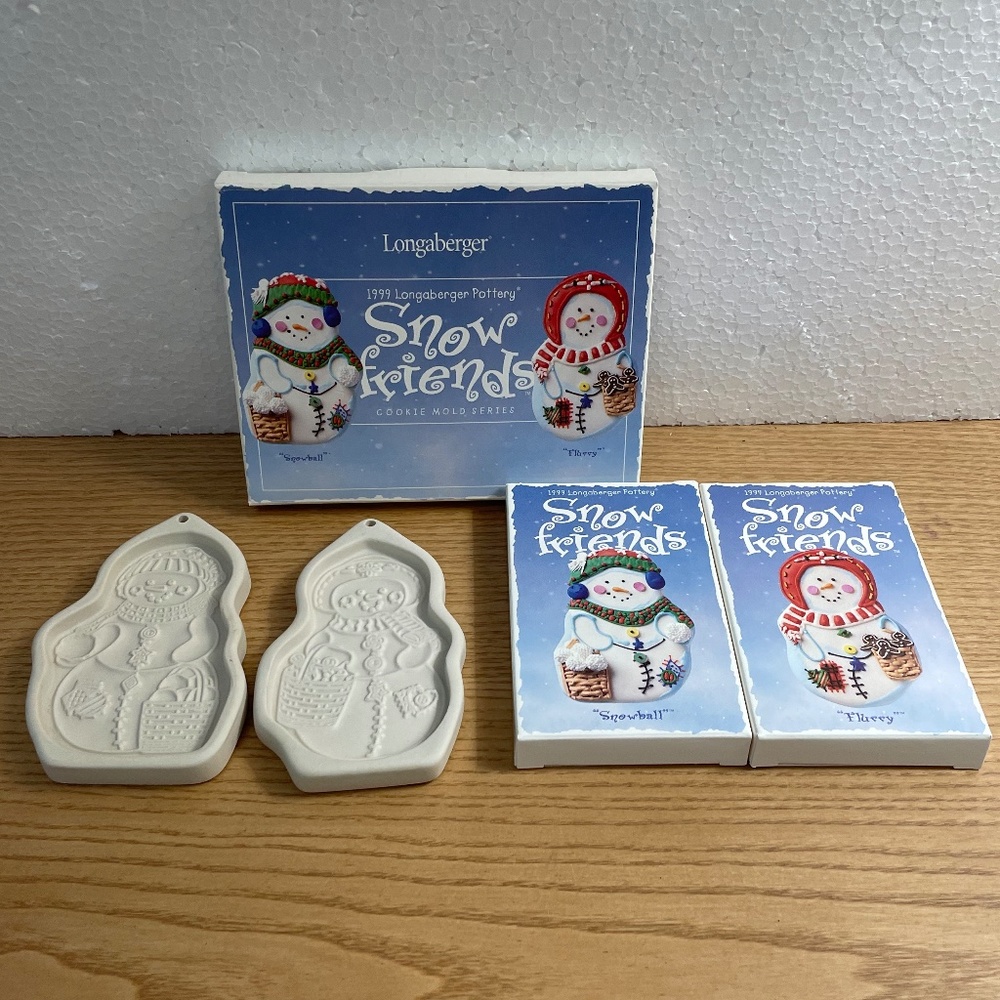 Longaberger Pottery Snow Friends Christmas Cookie Mold Snowball & Flurry Snowmen